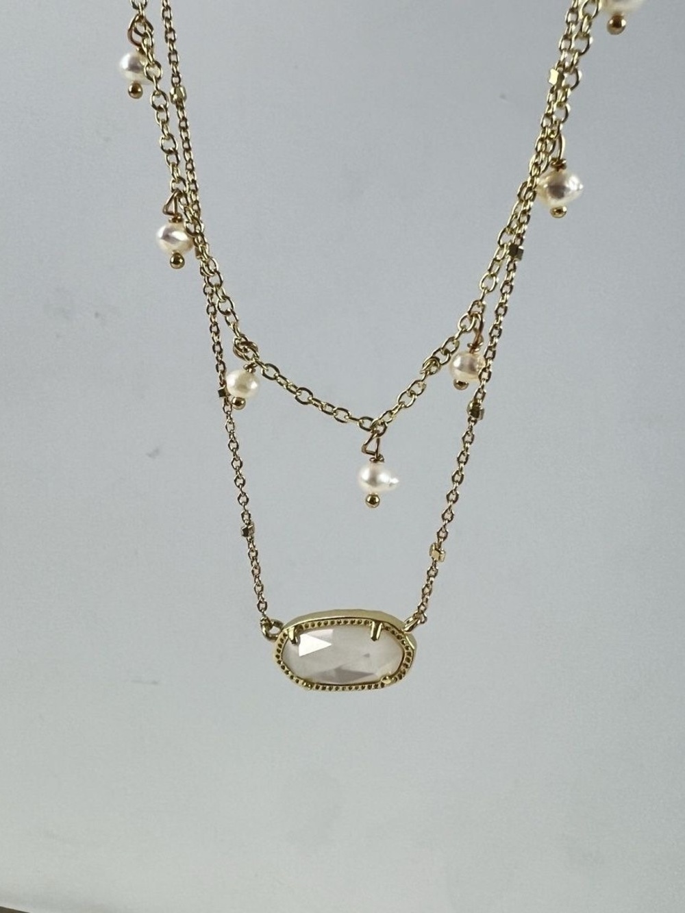Gold Layered Pearl Pendant Necklace - White Crystal Accent